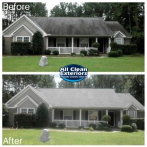 before and after of an asphalt roof cleaning which was power washing in Fair Haven, NJ