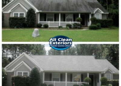 before and after of an asphalt roof cleaning which was power washing in Fair Haven, NJ