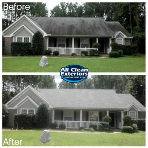 before and after of an asphalt roof cleaning which was soft washed in Fair Haven, NJ