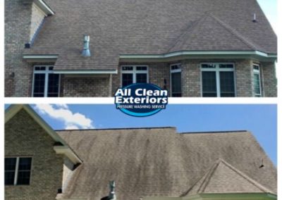 before and after of an asphalt roof cleaning which was soft washed in Colts Neck, NJ