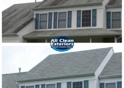 before and after of an asphalt roof cleaning which was soft washed in Tinton Falls, NJ