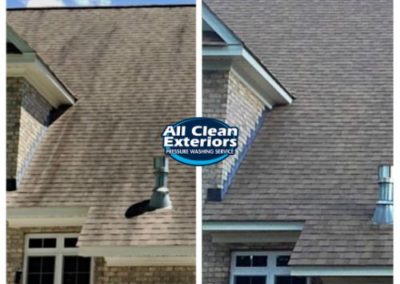 before and after of an asphalt roof cleaning which was soft washed in Little Silver, NJ