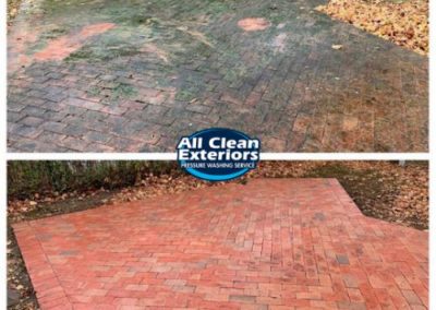 before and after power washing of red brick paver patio