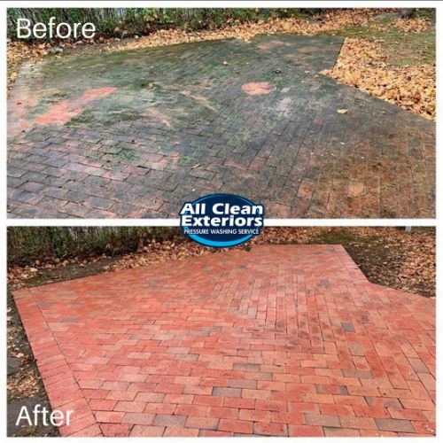 before and after power washing of red brick paver patio