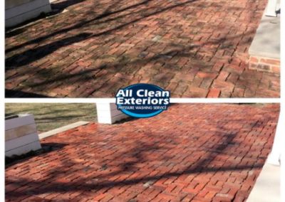 before and after power washing of red brick paver patio