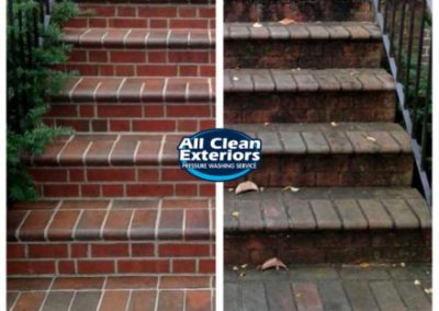 before and after of pressure washed red brick paver steps in Rumson, NJ