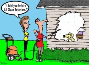 Cartoon wife telling husband that he should have hired a professional power washing company