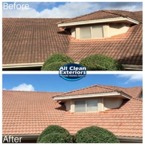 before and after power washing of a clay shingled roof in Colts Neck, NJ
