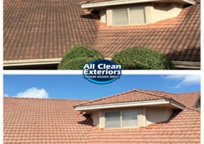 before and after power washing of a clay shingled roof in Colts Neck, NJ