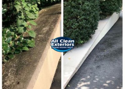 before and after power washing of a concrete retaining wall