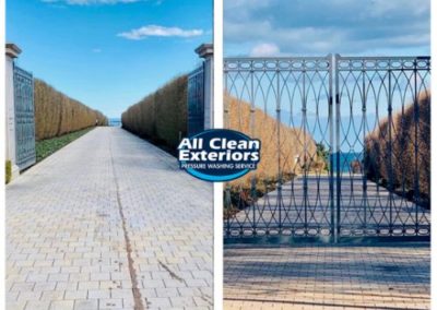 before and after power washing oil staing off of a paver driveway