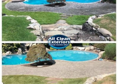 before and after power washing of brick paver patio near pool