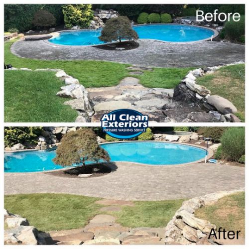 before and after power washing of brick paver patio near pool