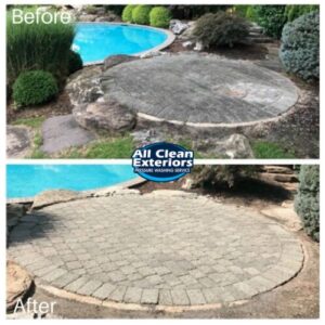 before and after power washing of brick paver patio near pool