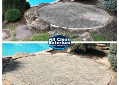 before and after power washing of brick paver patio near pool