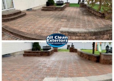 before and after power washing of brick paver patio and wall