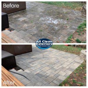 before and after power washing of large brick paver patio in Shrewsbury, NJ