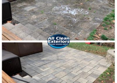 before and after power washing of large brick paver patio in Shrewsbury, NJ