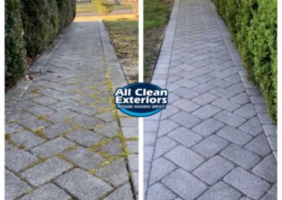 before and after power washing of grey brick paver patio