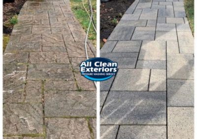 before and after power washing of grey brick paver patio