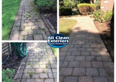 before and after power washing of brick paver walkway
