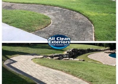 before and after power washing of brick paver walkway leading to pool