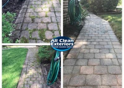 before and after power washing of brick paver walkway