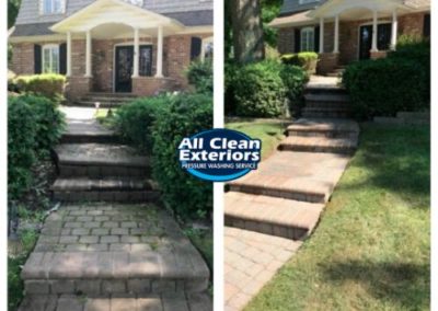 before and after power washing of brick paver walkway with steps