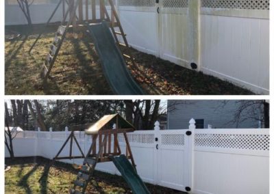 before and after of a white vinyl fence which was pressure washed in Holmdel, NJ