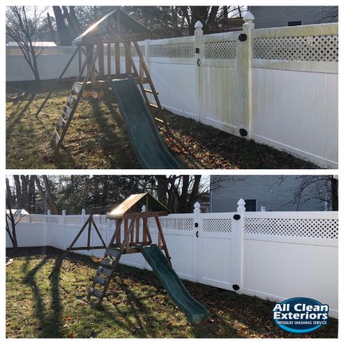 before and after of a white vinyl fence which was pressure washed in Holmdel, NJ