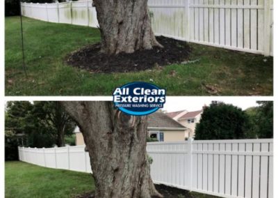 before and after power washing of a white vinyl picket fence in Rumson, NJ