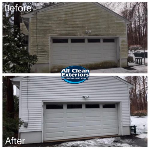 before and after power washing of vinyl siding garage in Fair Haven, NJ