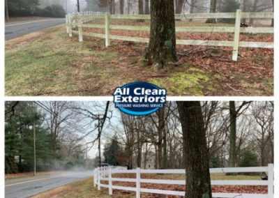 before and after power washing of a white picket fence in Holmdel, NJ