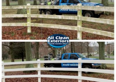 before and after power washing of a white picket fence in Holmdel, NJ