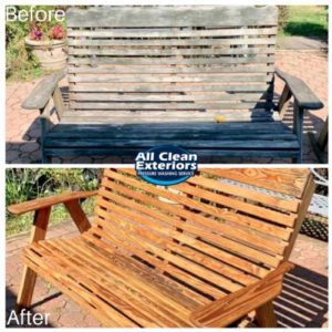before and after of a power washed wooden bench in Holmdel, NJ
