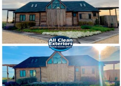 before and after power washing of a wooden building beach club in Monmouth County, NJ