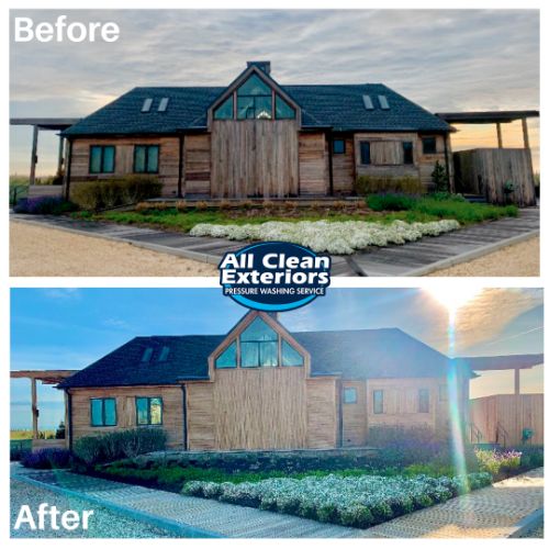 before and after power washing of a wooden building beach club in Monmouth County, NJ