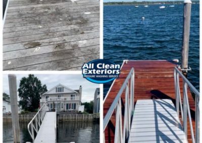 before and after power washing of a wooden dock in Monmouth County, NJ
