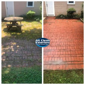 before and after of brick paver patio power washed