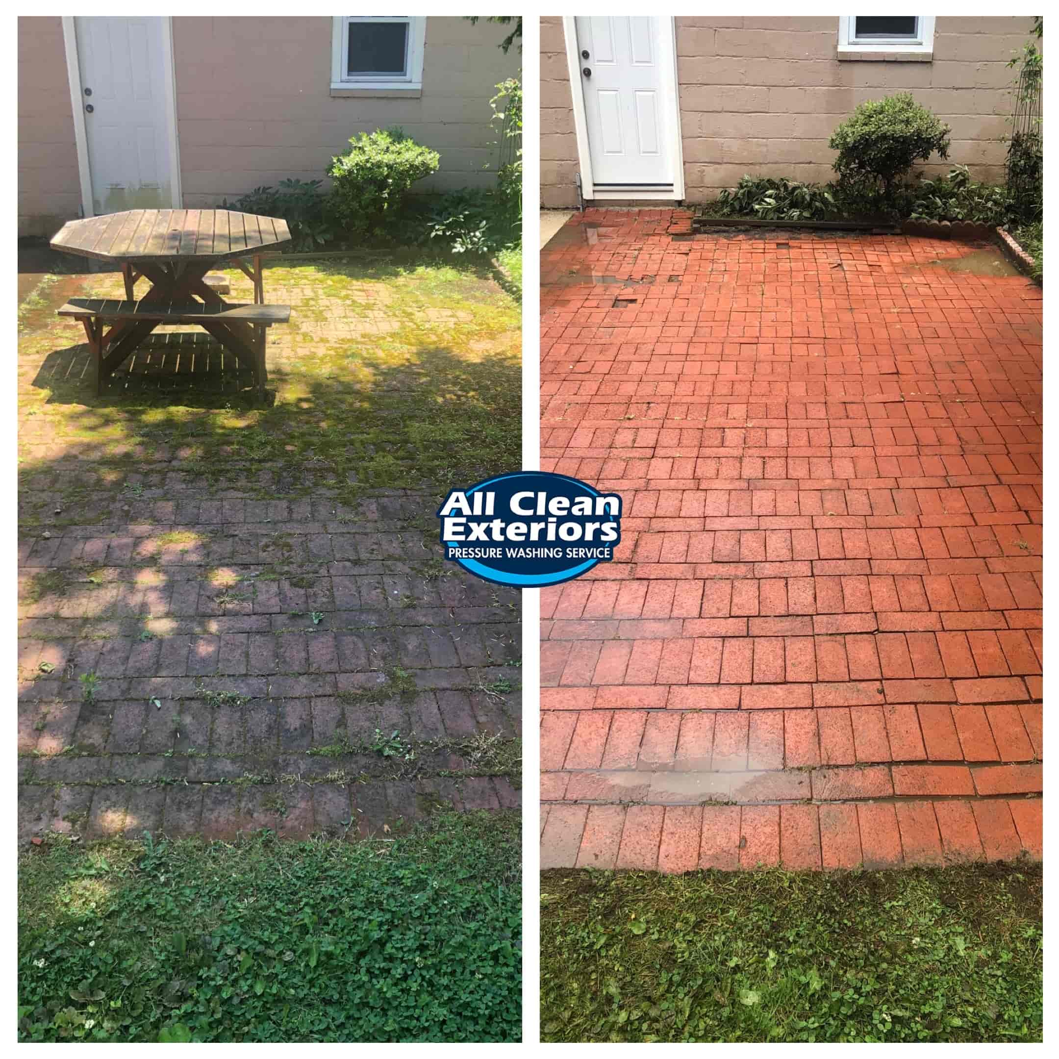 before and after of brick paver patio power washed