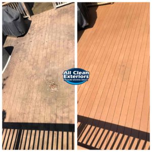 before and after power washing of a composite wood deck