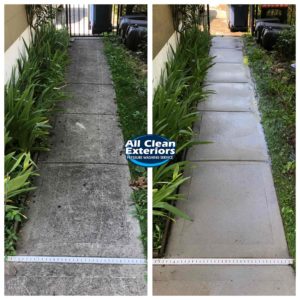 before and after power washing of concrete walkway