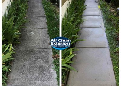 before and after power washing of concrete walkway