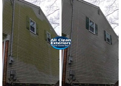 before and after of green moss on house power washing using soft wash
